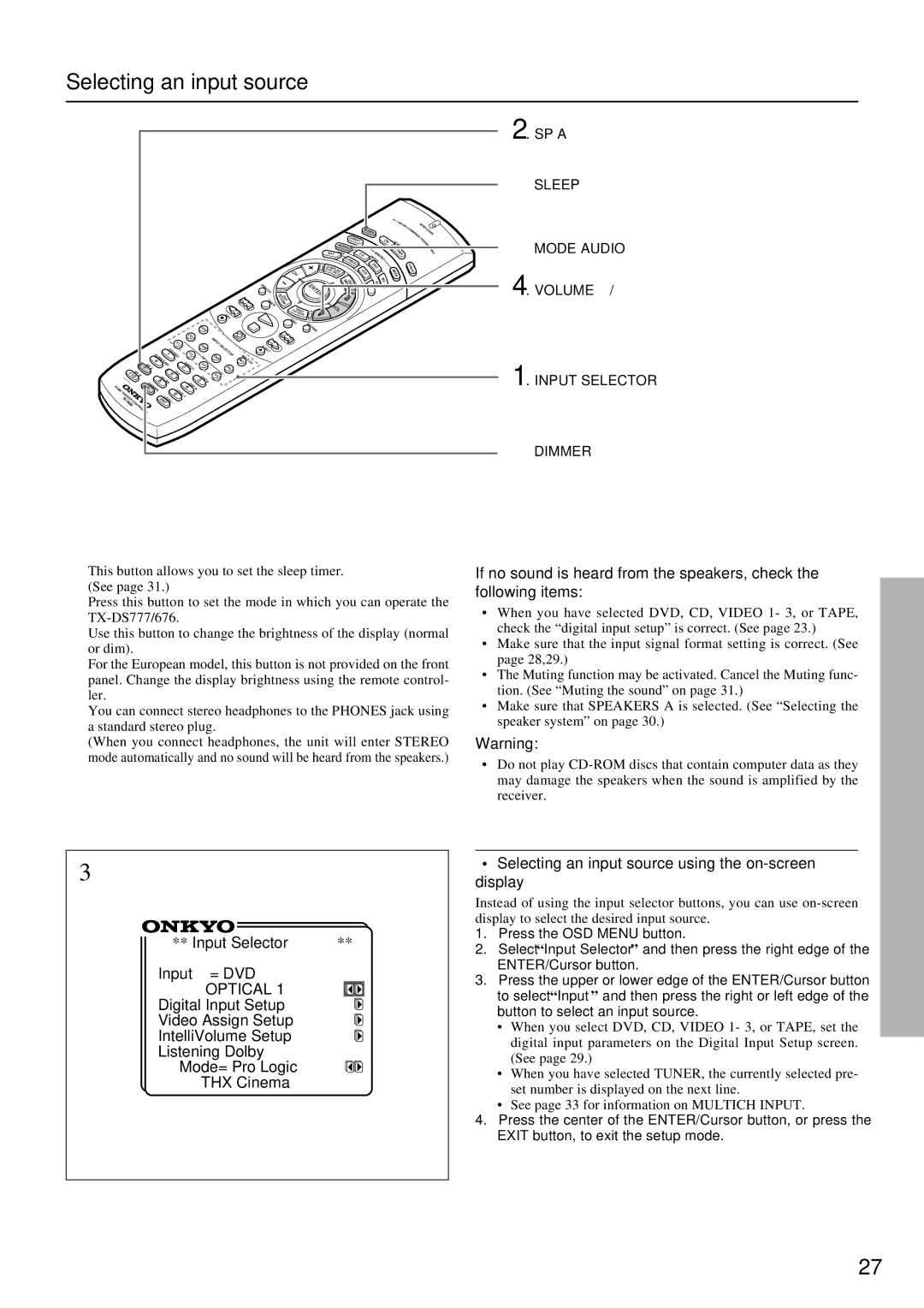 Onkyo TX-DS676 Selecting an input source using the on-screen display, Sleep, Mode Audio, Input Selector Dimmer 