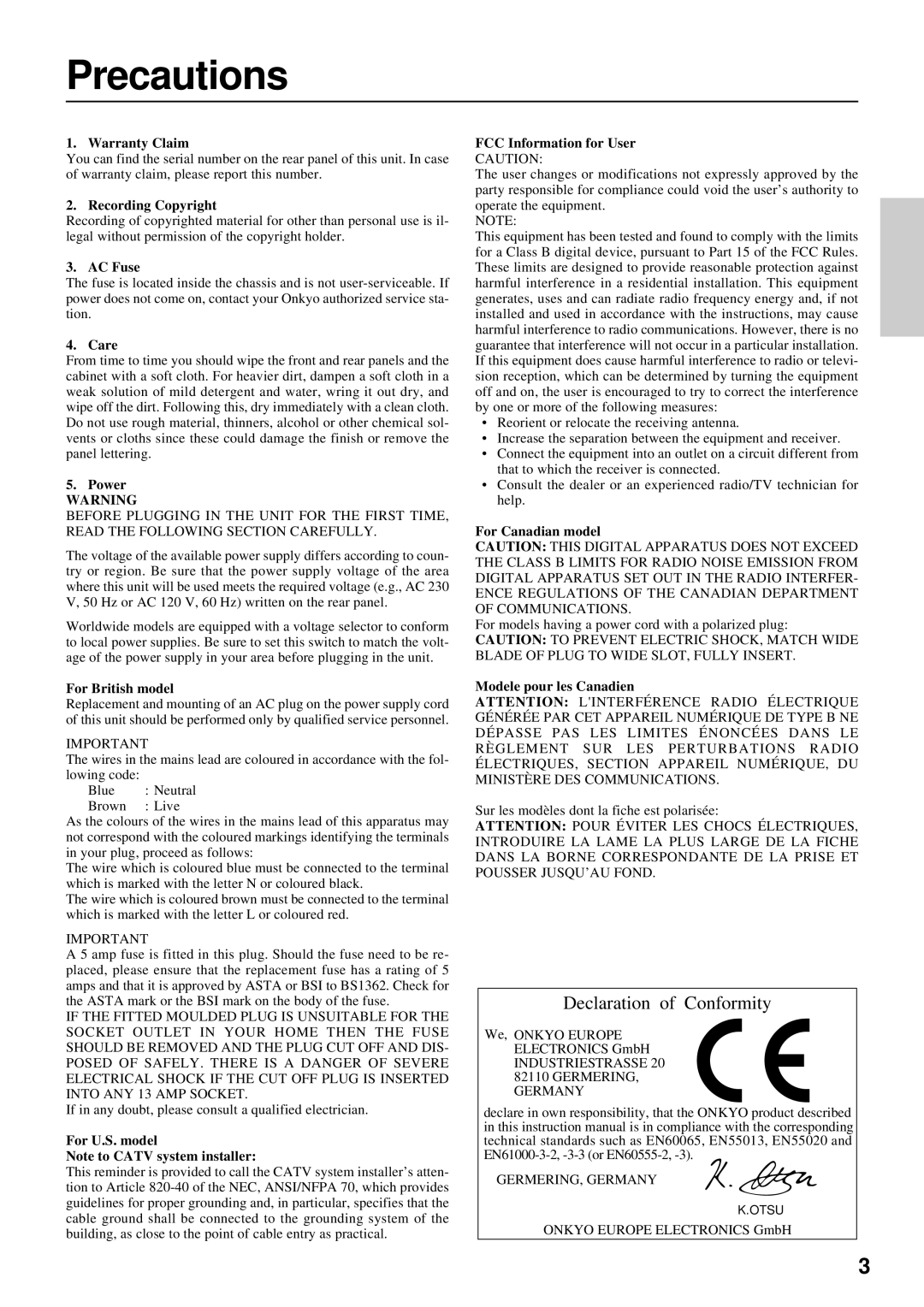 Onkyo TX-DS676, TX-DS777 instruction manual Precautions 