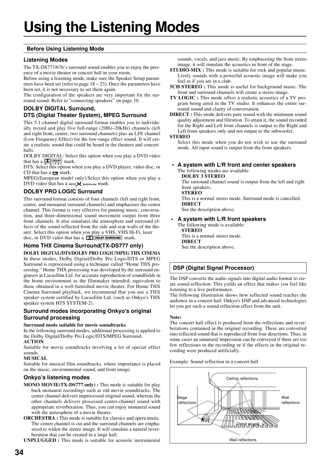 Onkyo TX-DS777, TX-DS676 instruction manual Using the Listening Modes 