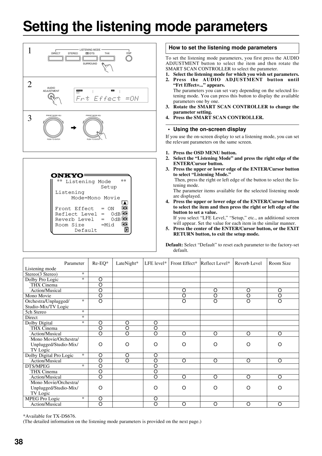 Onkyo TX-DS777, TX-DS676 instruction manual Setting the listening mode parameters, How to set the listening mode parameters 