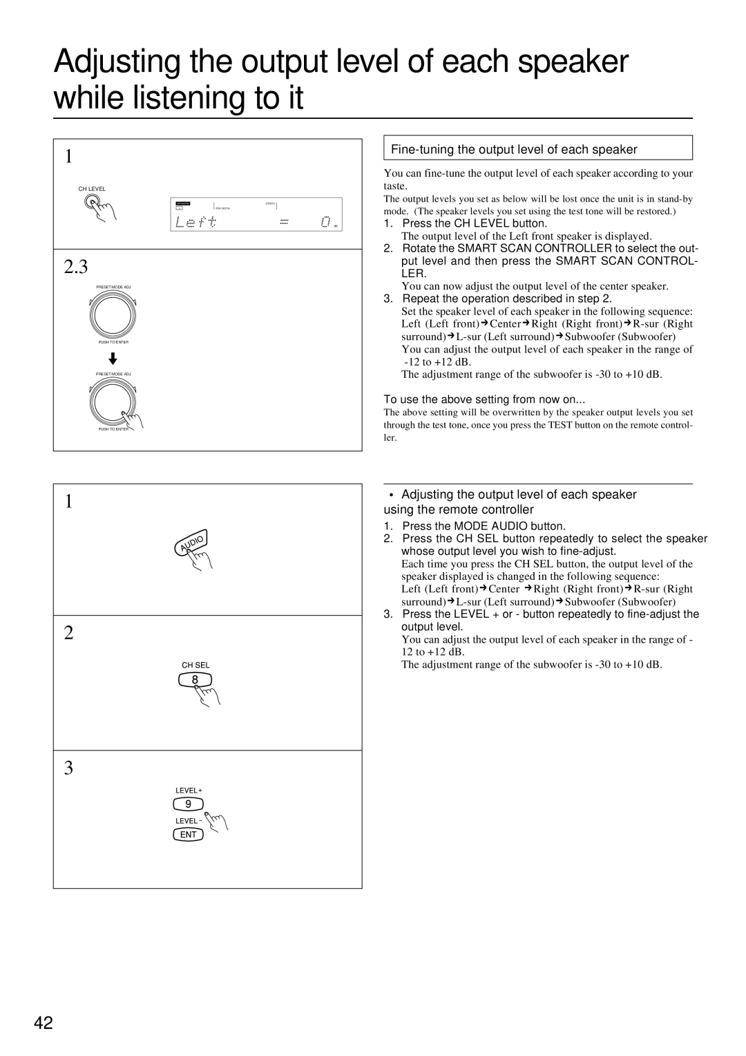 Onkyo TX-DS777, TX-DS676 instruction manual Fine-tuning the output level of each speaker, Press the CH Level button 