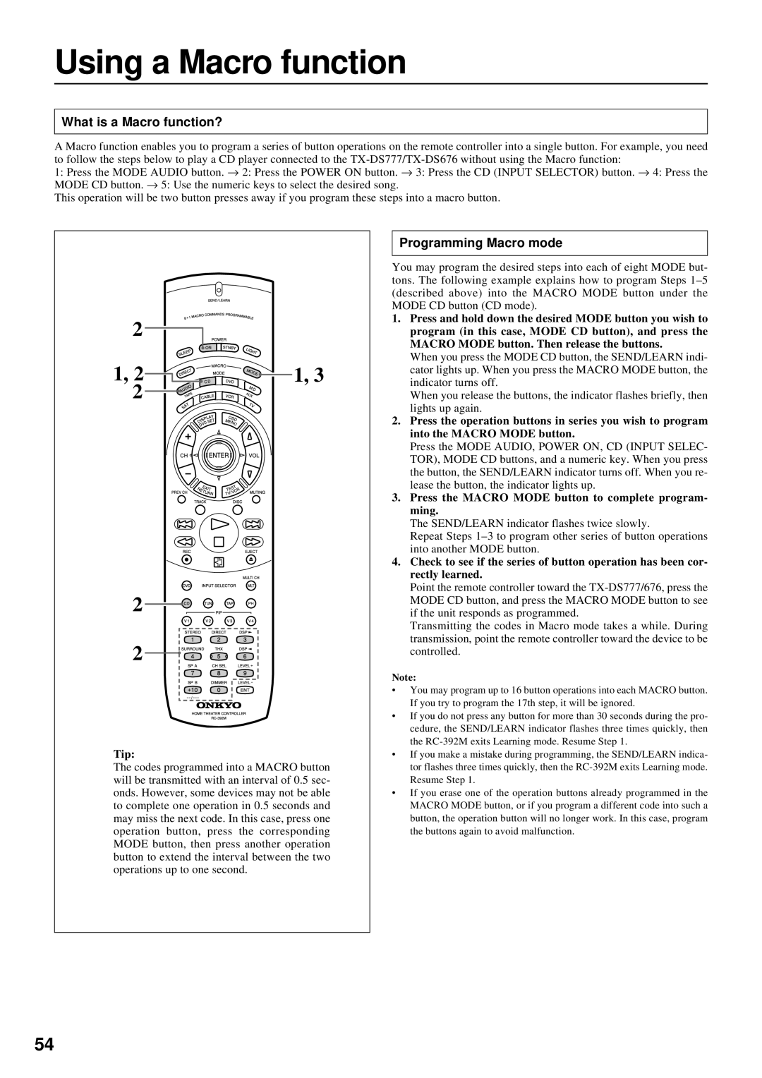 Onkyo TX-DS777, TX-DS676 instruction manual Using a Macro function, What is a Macro function?, Programming Macro mode, Tip 