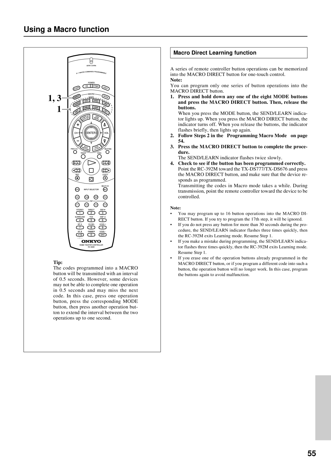 Onkyo TX-DS676, TX-DS777 instruction manual Using a Macro function, Macro Direct Learning function 