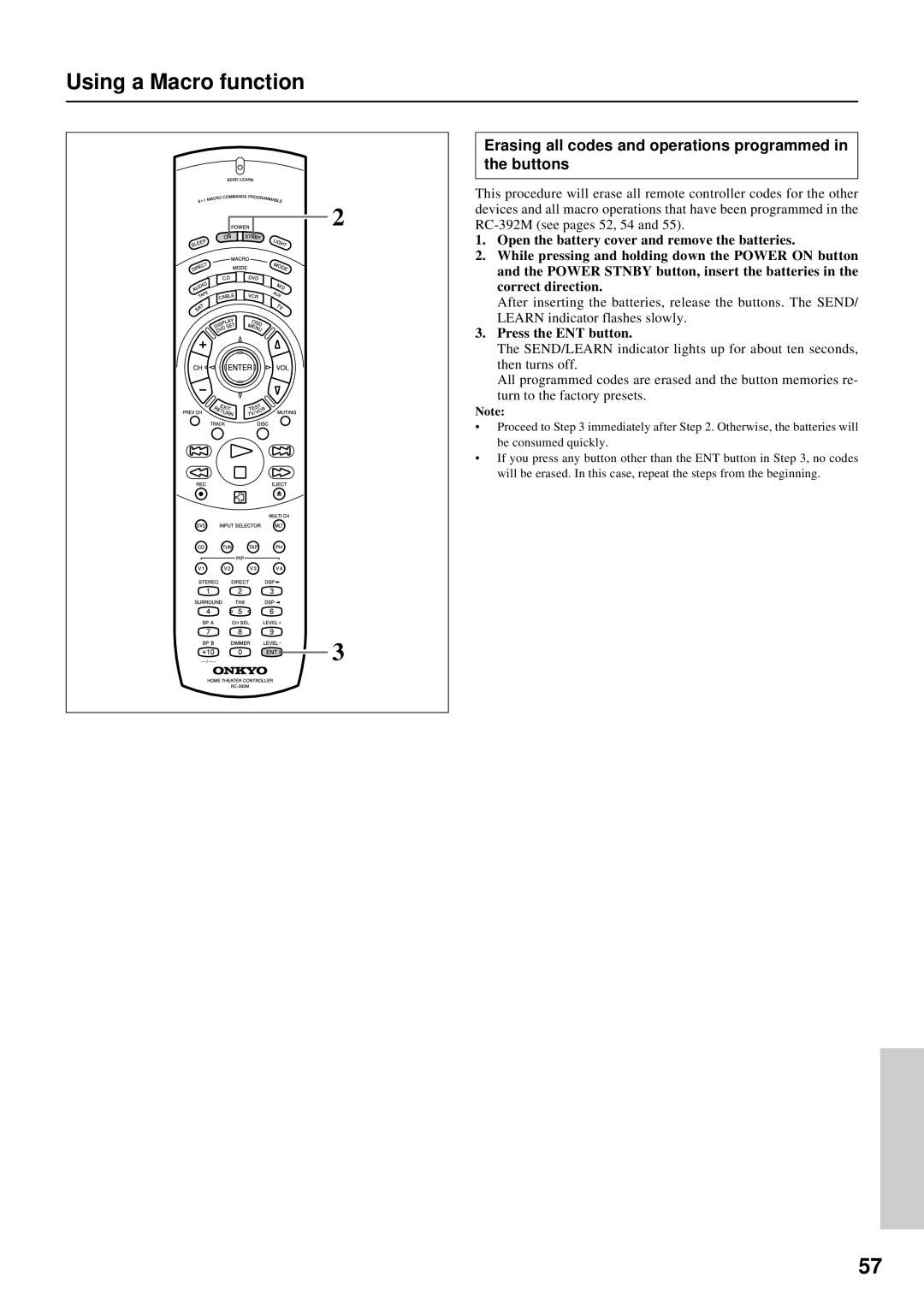 Onkyo TX-DS676, TX-DS777 instruction manual Erasing all codes and operations programmed in the buttons, Press the ENT button 