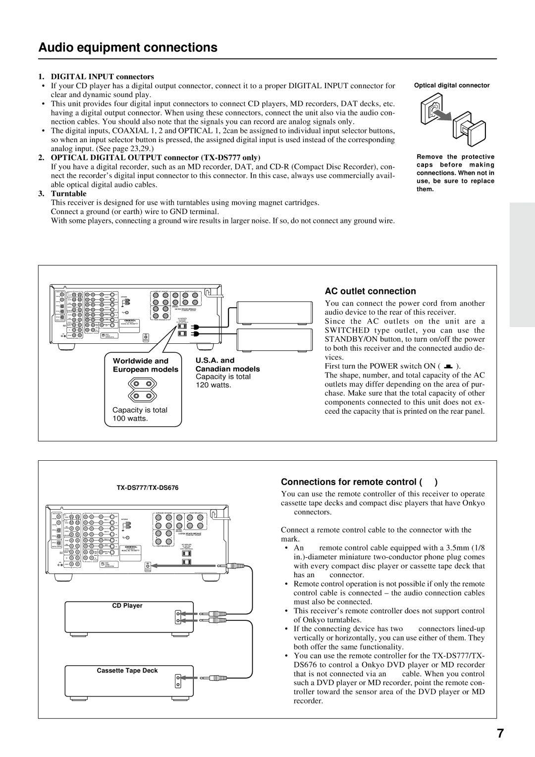 Onkyo TX-DS676, TX-DS777 Audio equipment connections, AC outlet connection, Connections for remote control z 