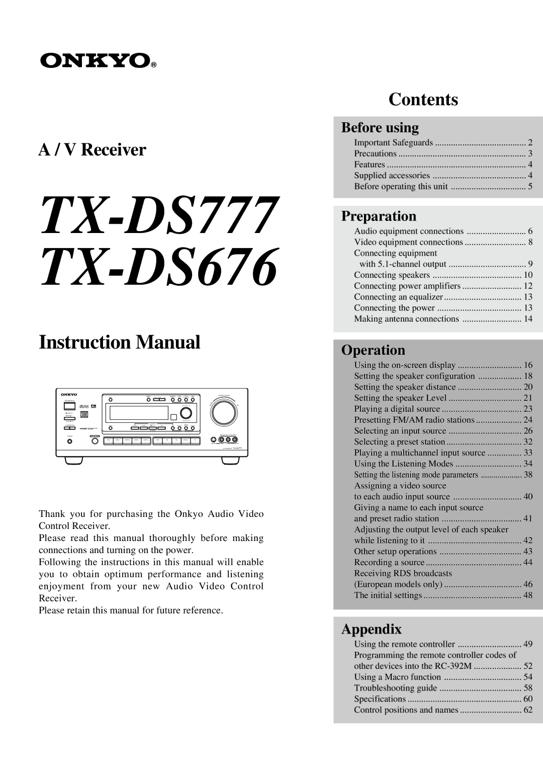 Onkyo instruction manual TX-DS777 TX-DS676 