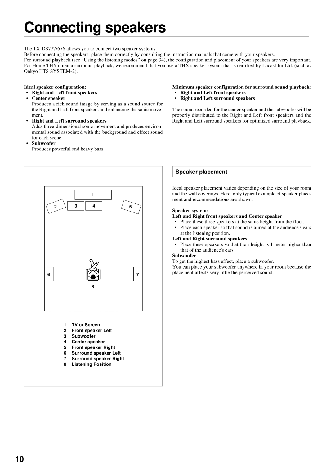 Onkyo TX-DS777, TX-DS676 Connecting speakers, Speaker placement, Right and Left surround speakers, Subwoofer 