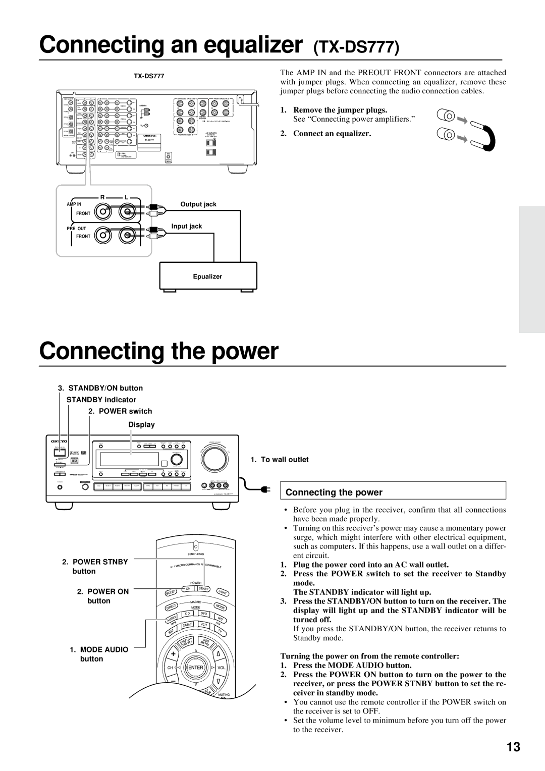 Onkyo TX-DS676 Connecting an equalizer TX-DS777, Connecting the power, Remove the jumper plugs, Connect an equalizer 