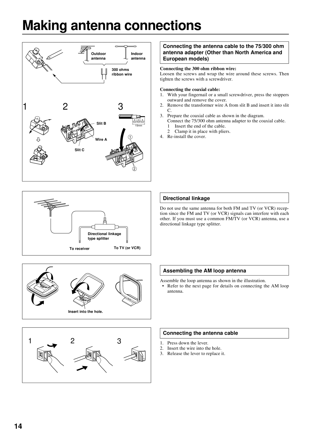 Onkyo TX-DS777, TX-DS676 instruction manual Making antenna connections, Directional Iinkage, Assembling the AM loop antenna 