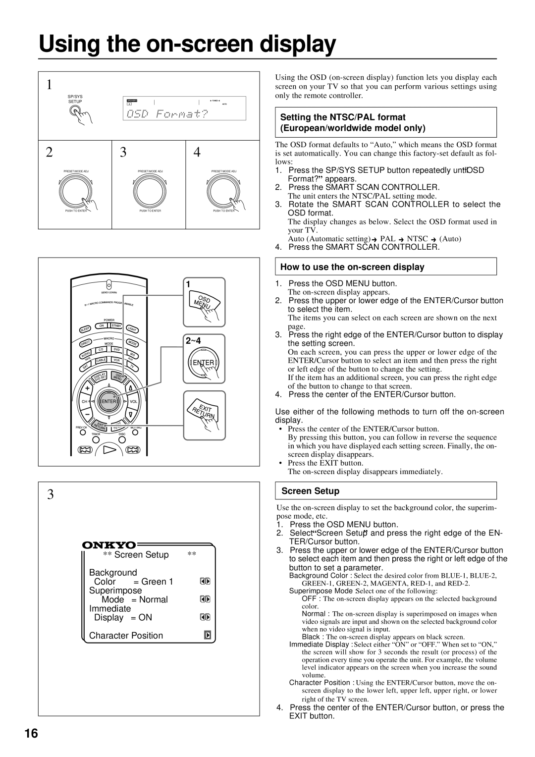 Onkyo TX-DS777 Using the on-screen display, Setting the NTSC/PAL format European/worldwide model only, Screen Setup 