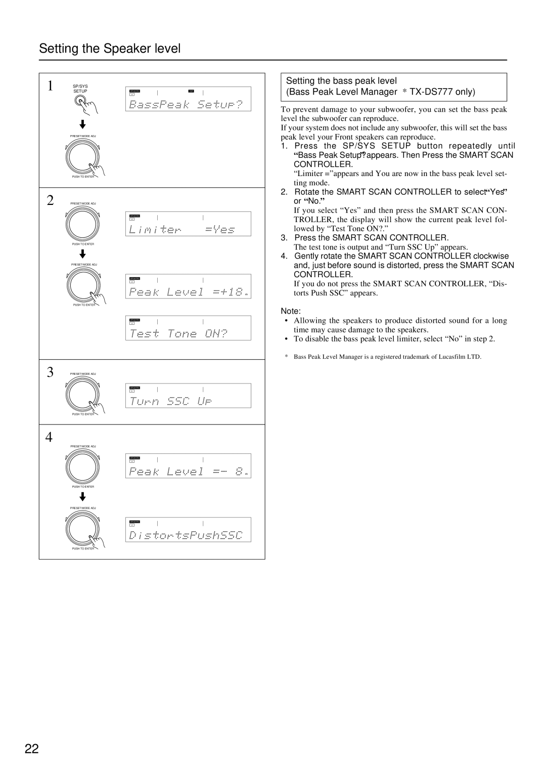 Onkyo TX-DS777, TX-DS676 instruction manual Setting the Speaker level, Rotate the Smart Scan Controller to select Yes or No 