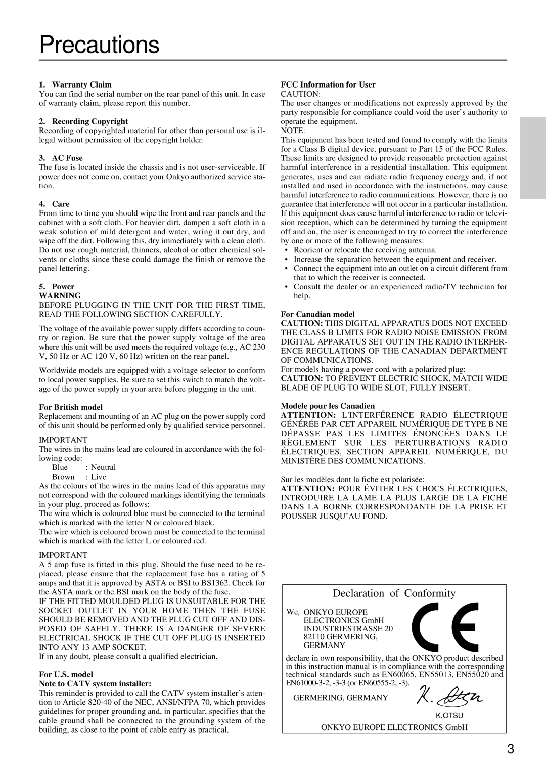 Onkyo TX-DS676, TX-DS777 instruction manual Precautions 