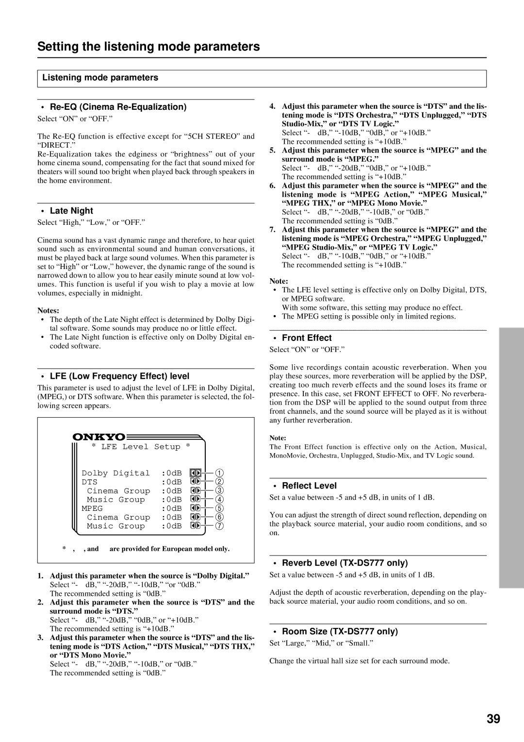 Onkyo TX-DS676, TX-DS777 instruction manual Setting the listening mode parameters 