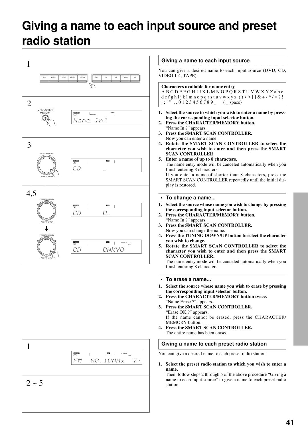 Onkyo TX-DS676 Giving a name to each input source, To change a name, To erase a name, Characters available for name entry 