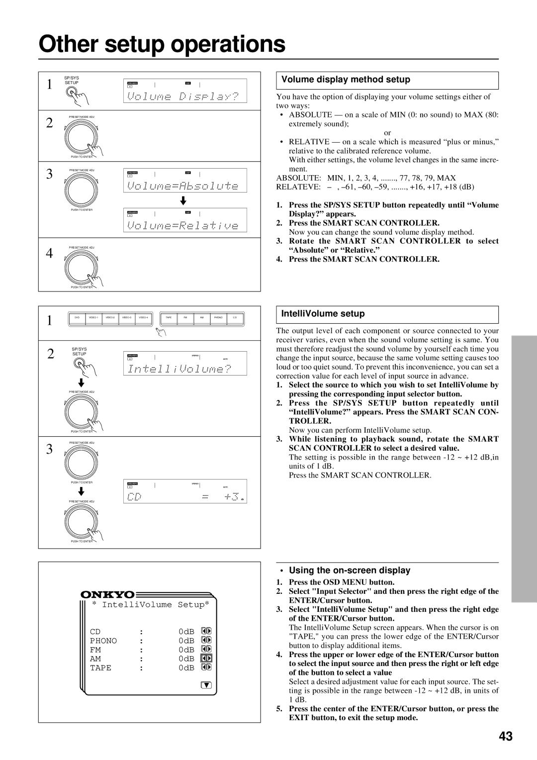 Onkyo TX-DS676, TX-DS777 instruction manual Other setup operations, Volume display method setup, IntelliVolume setup 