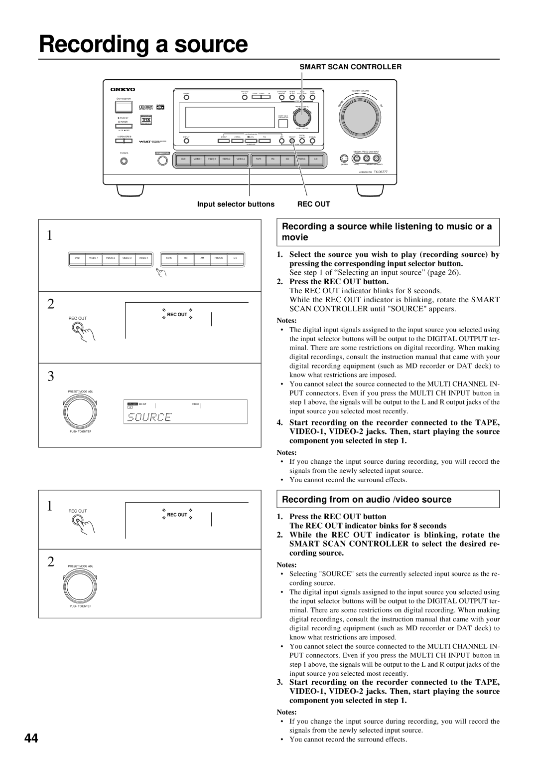 Onkyo TX-DS777 Recording a source while listening to music or a, Movie, Recording from on audio /video source 