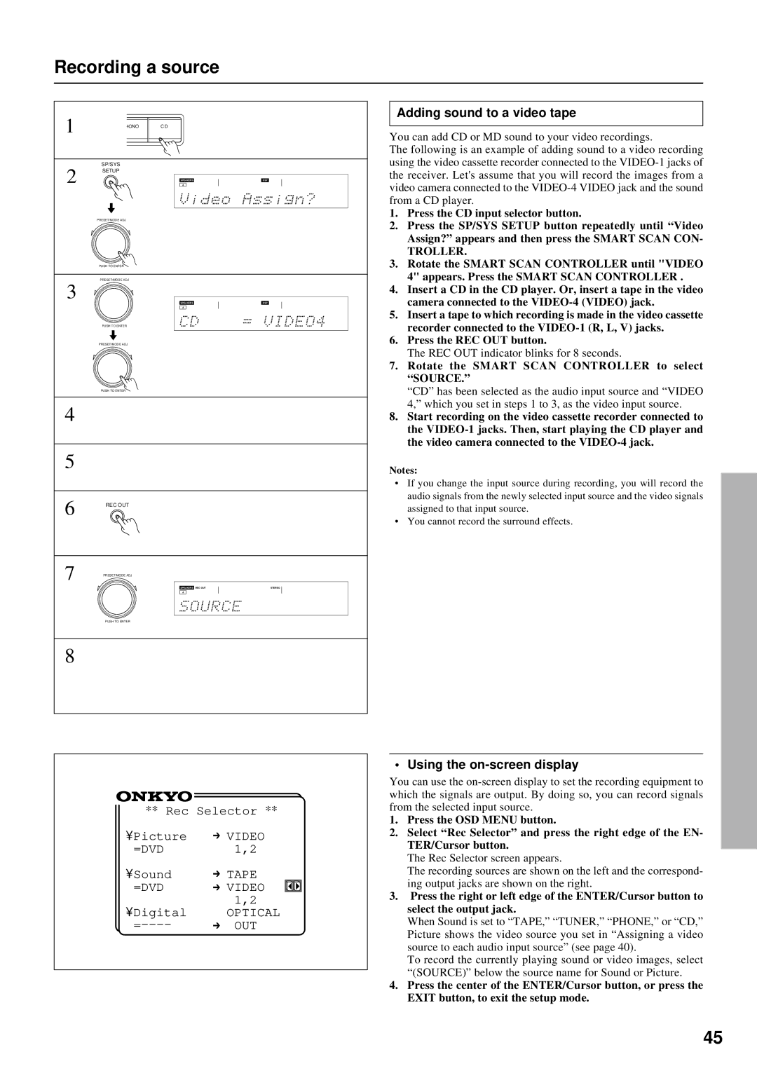 Onkyo TX-DS676 Recording a source, Adding sound to a video tape, Rotate the Smart Scan Controller to select Source 