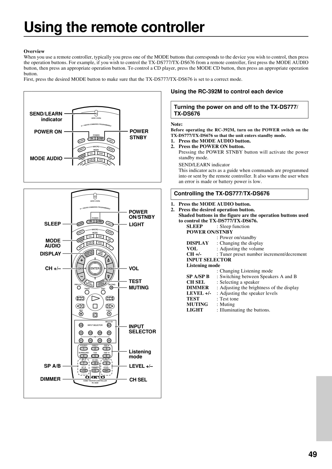 Onkyo instruction manual Using the remote controller, Controlling the TX-DS777/TX-DS676 