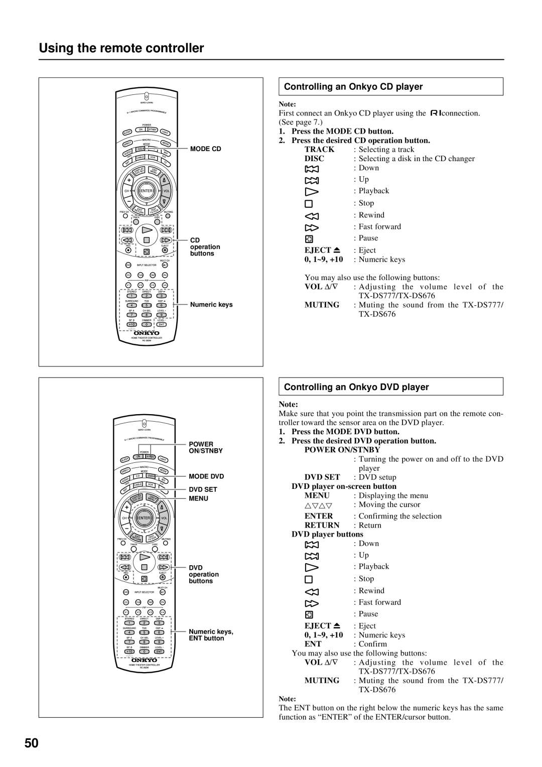 Onkyo TX-DS777, TX-DS676 instruction manual Using the remote controller, Controlling an Onkyo DVD player 