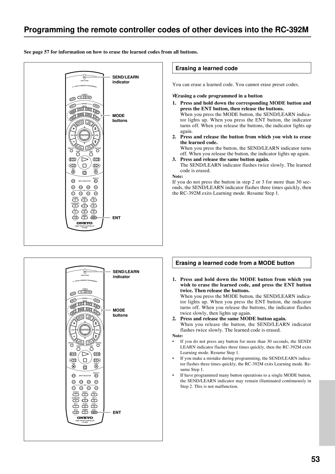 Onkyo TX-DS676, TX-DS777 Erasing a learned code from a Mode button, Press and release the same button again 