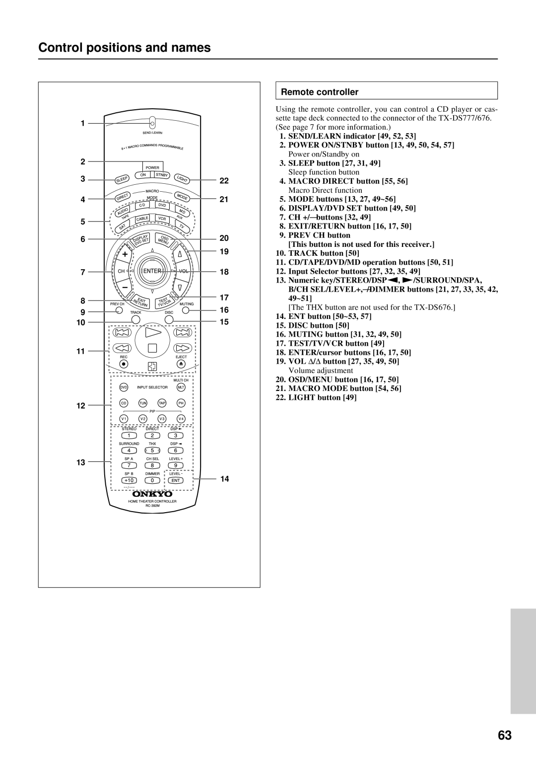 Onkyo TX-DS676, TX-DS777 instruction manual Control positions and names, Remote controller 