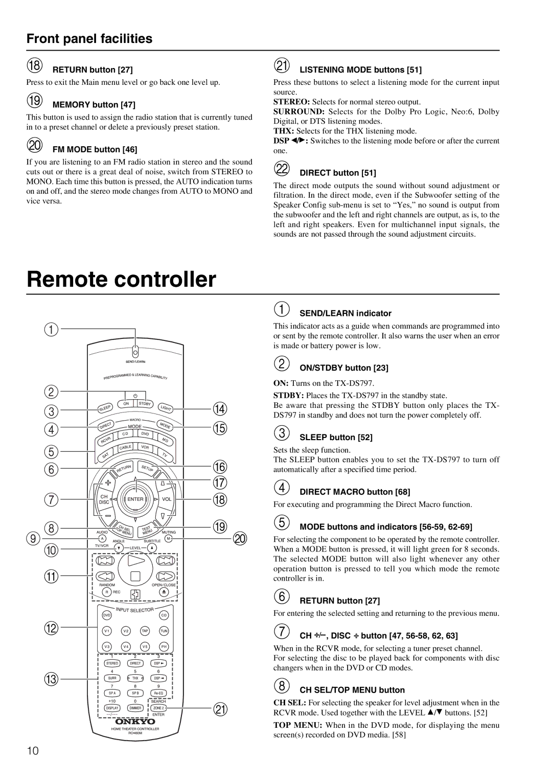 Onkyo TX-DS797 instruction manual Remote controller 