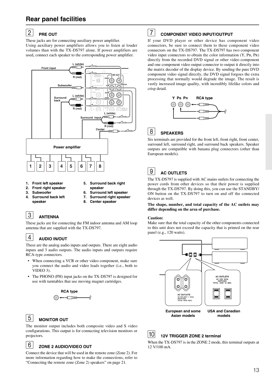 Onkyo TX-DS797 instruction manual Rear panel facilities, 3 4 