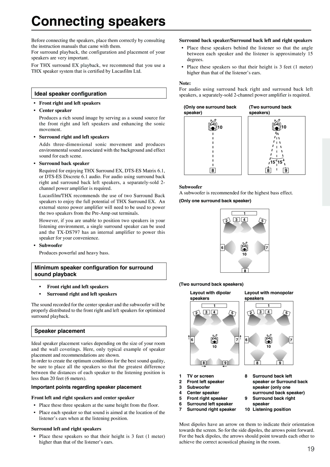 Onkyo TX-DS797 Connecting speakers, Ideal speaker configuration, Minimum speaker configuration for surround sound playback 