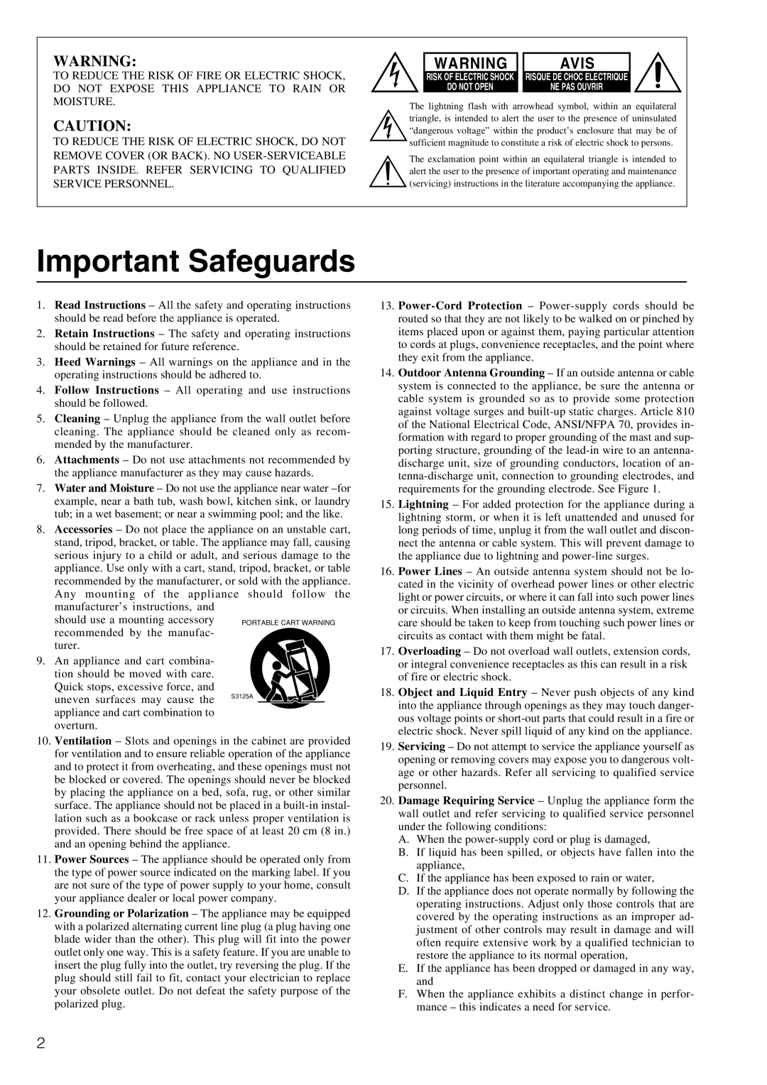 Onkyo TX-DS797 instruction manual Important Safeguards, Avis 