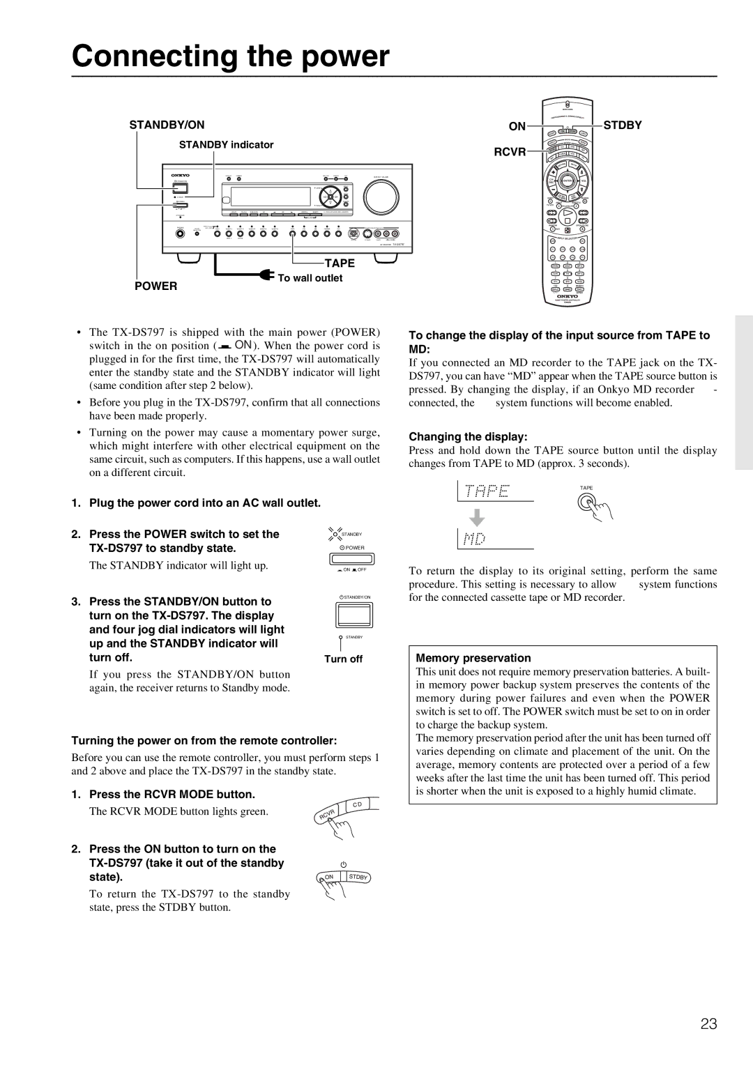 Onkyo TX-DS797 instruction manual Connecting the power, STANDBY/ON Stdby, Rcvr, Tape, Power 