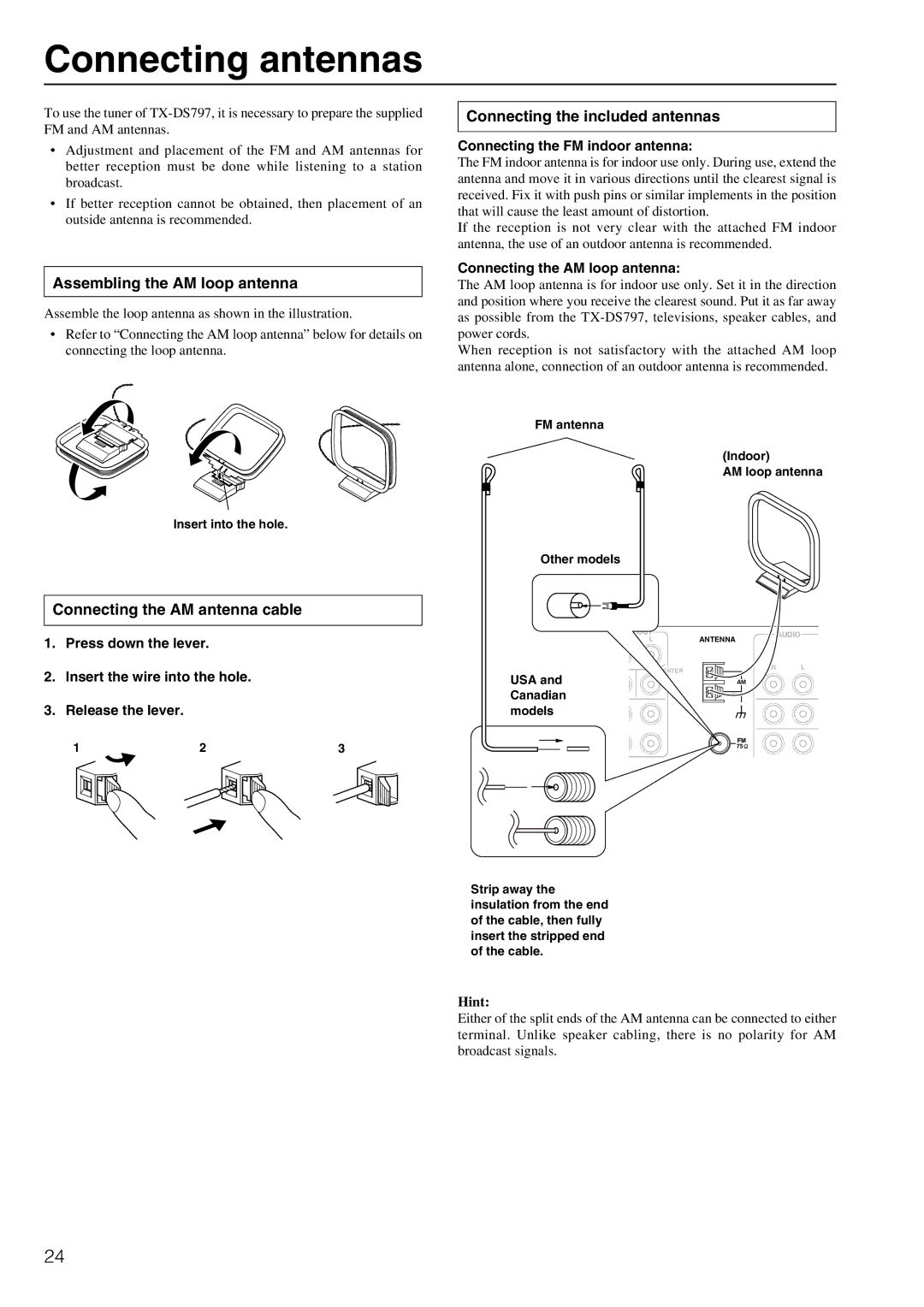 Onkyo TX-DS797 instruction manual Connecting antennas, Assembling the AM loop antenna, Connecting the included antennas 