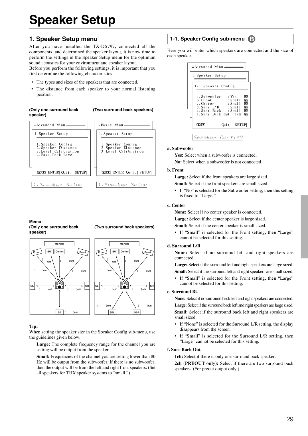 Onkyo TX-DS797 instruction manual Speaker Setup menu, Speaker Config sub-menu 