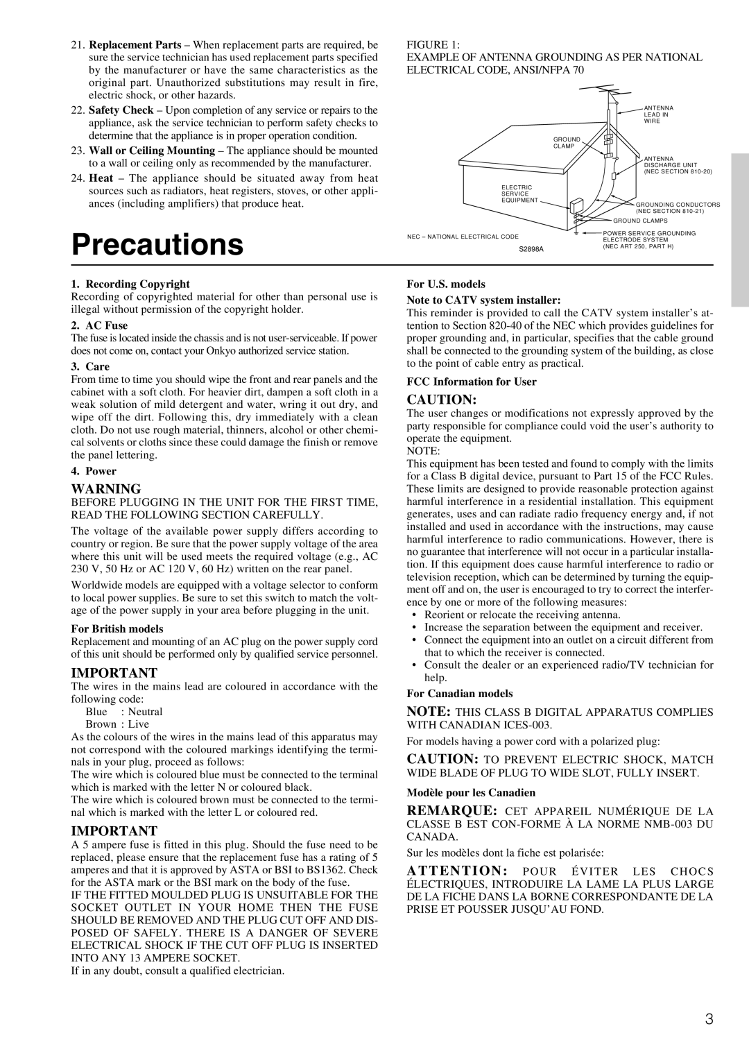 Onkyo TX-DS797 instruction manual Precautions 