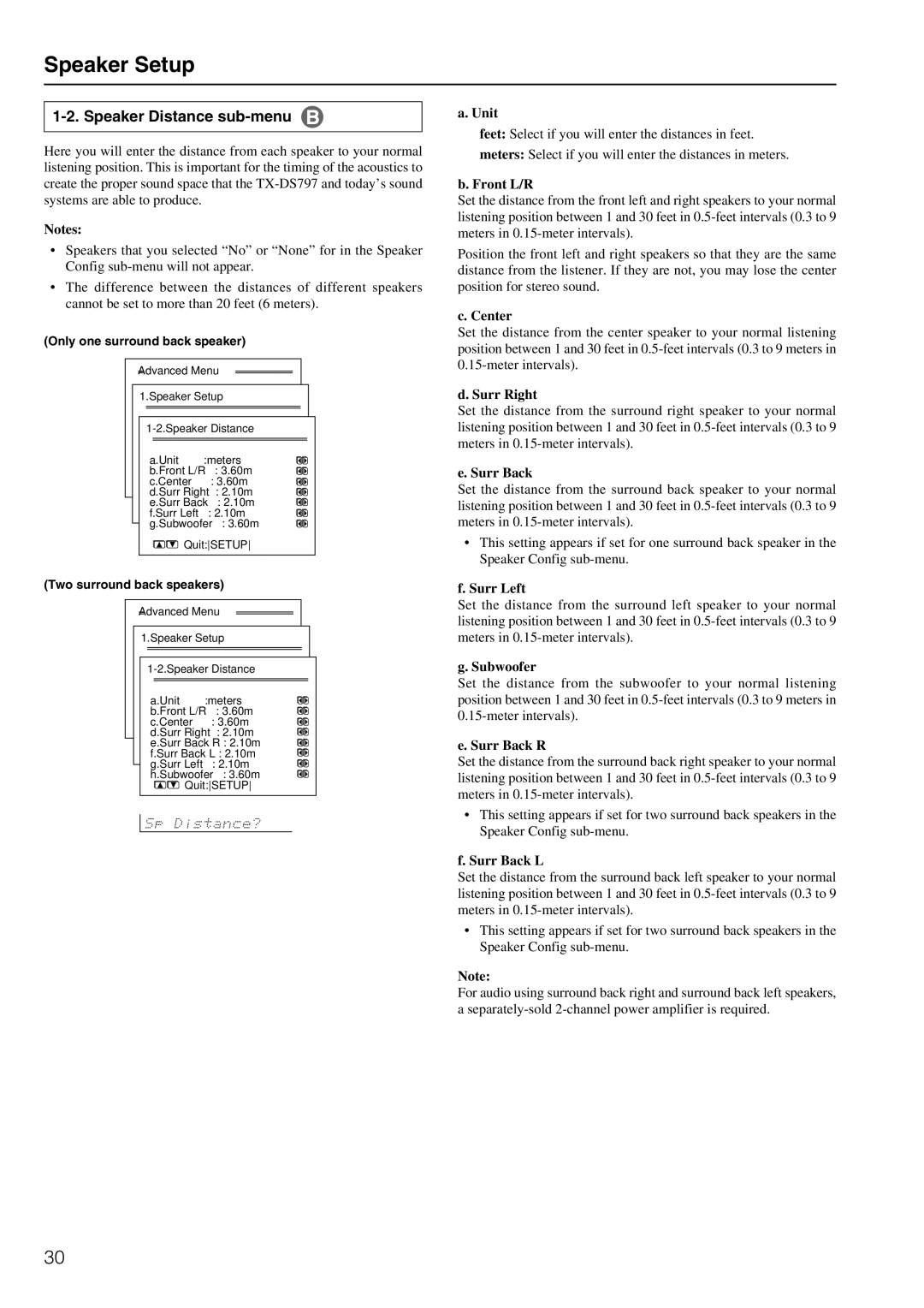 Onkyo TX-DS797 instruction manual Speaker Setup, Speaker Distance sub-menu 