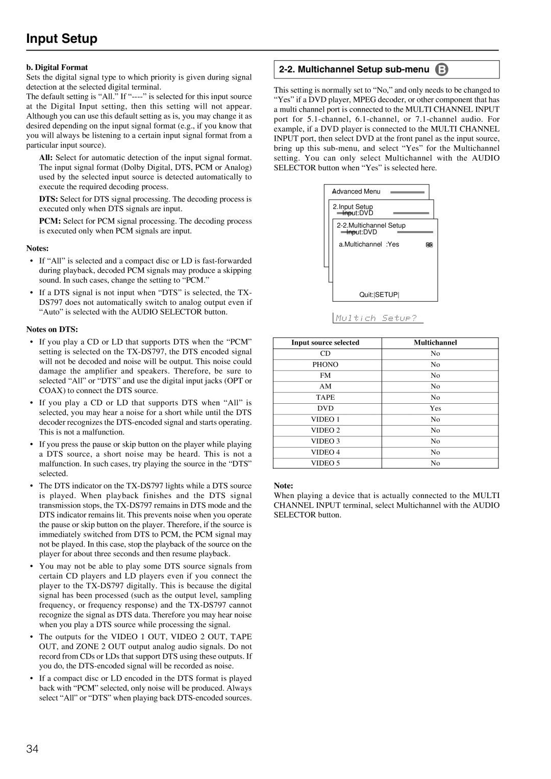 Onkyo TX-DS797 instruction manual Input Setup, Multichannel Setup sub-menu, Digital Format 