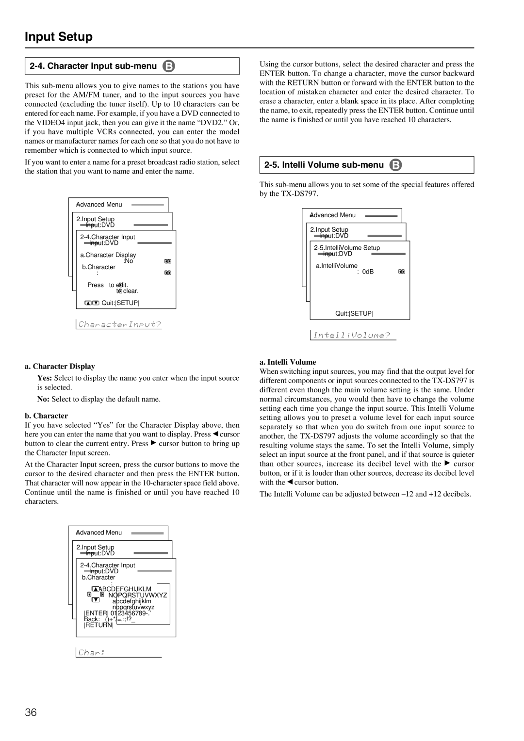 Onkyo TX-DS797 instruction manual Character Input sub-menu, Intelli Volume sub-menu, Character Display 