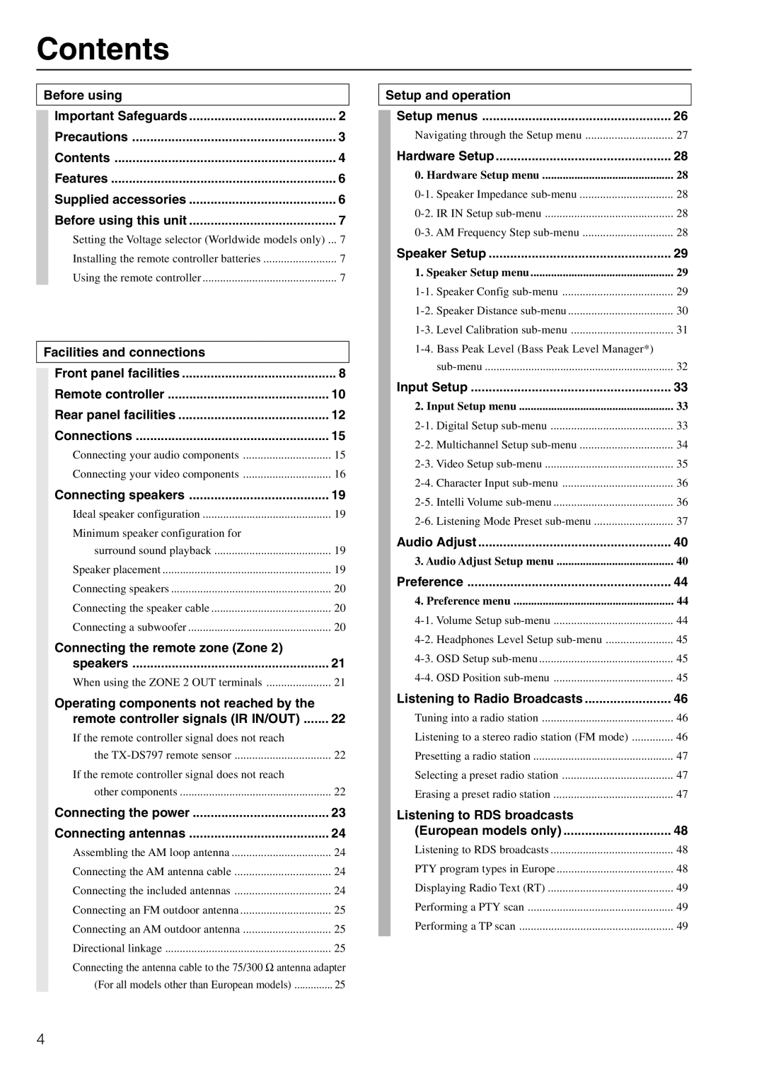 Onkyo TX-DS797 instruction manual Contents 