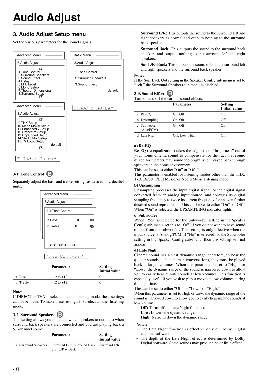 Onkyo TX-DS797 instruction manual Audio Adjust Setup menu 