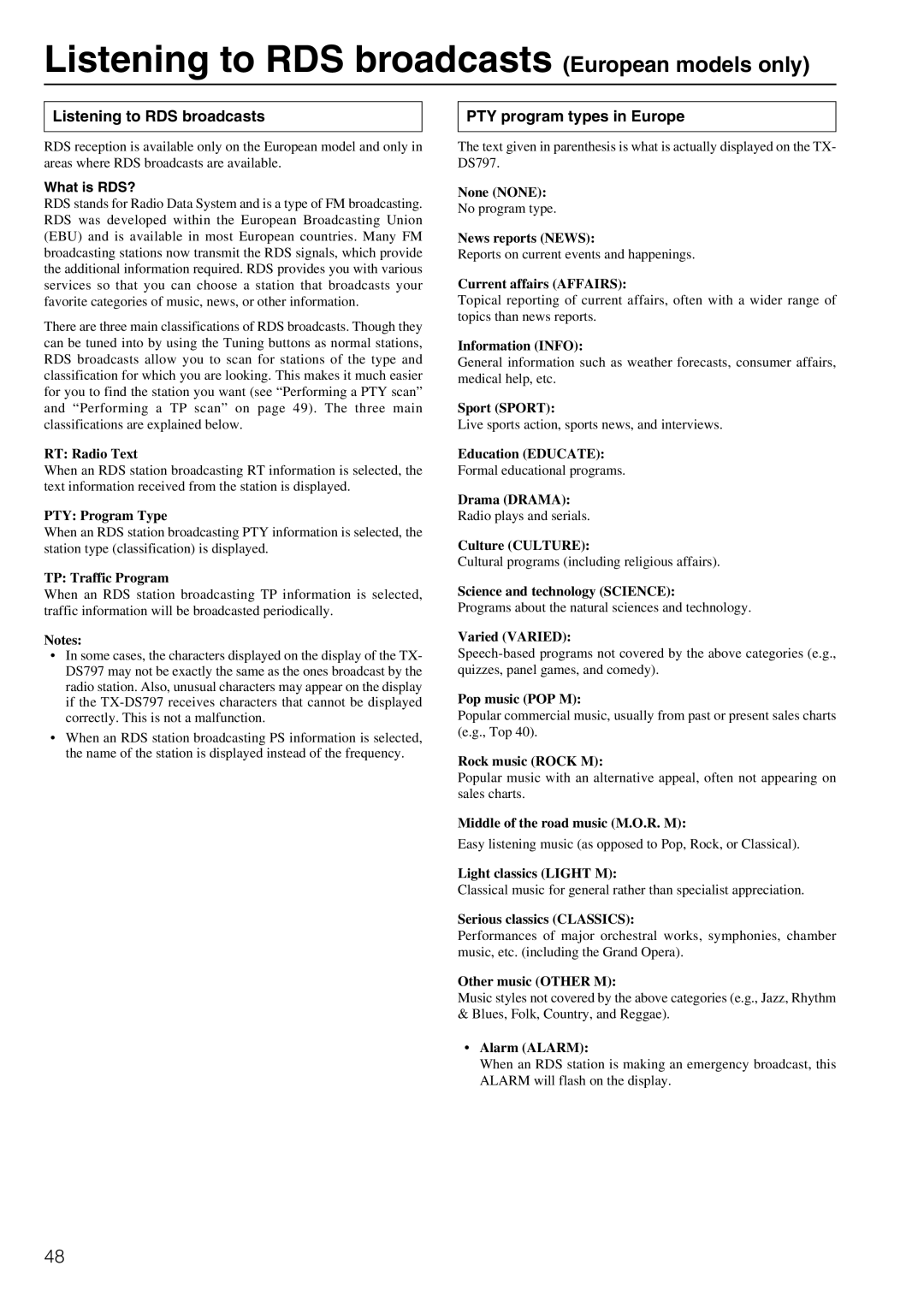 Onkyo TX-DS797 Listening to RDS broadcasts European models only, PTY program types in Europe, What is RDS? 