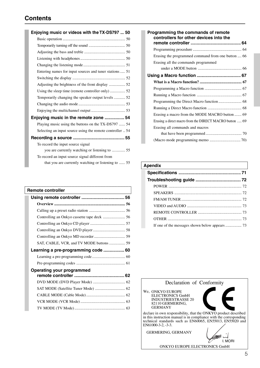 Onkyo TX-DS797 instruction manual Contents 