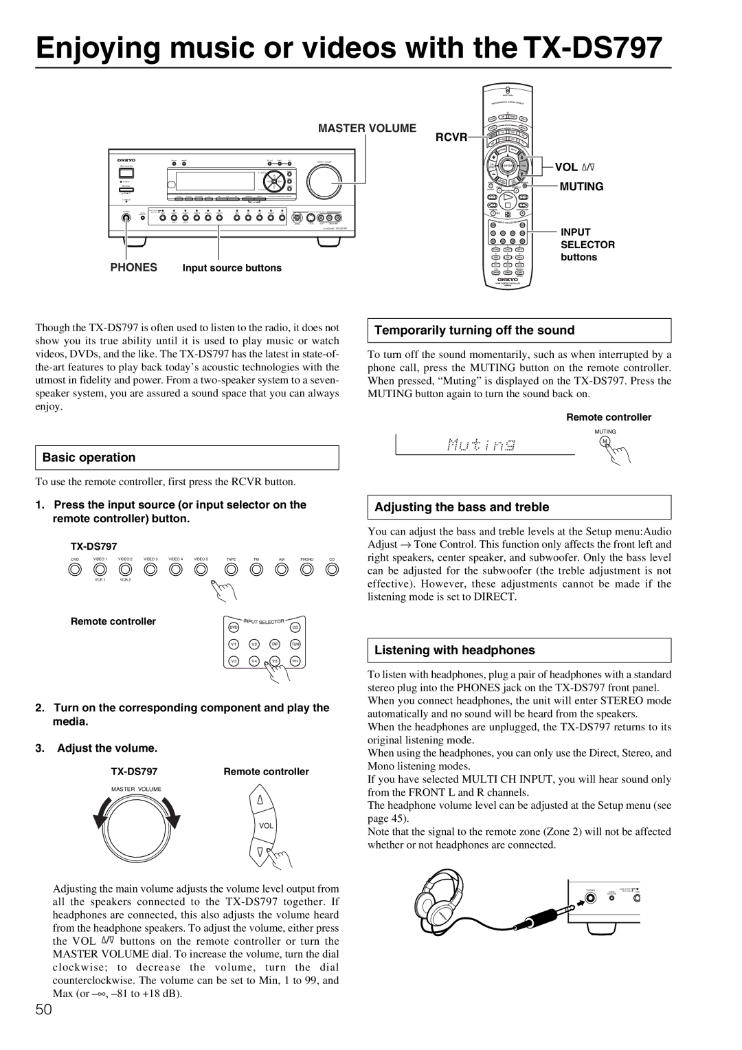 Onkyo instruction manual Enjoying music or videos with the TX-DS797, Temporarily turning off the sound, Basic operation 