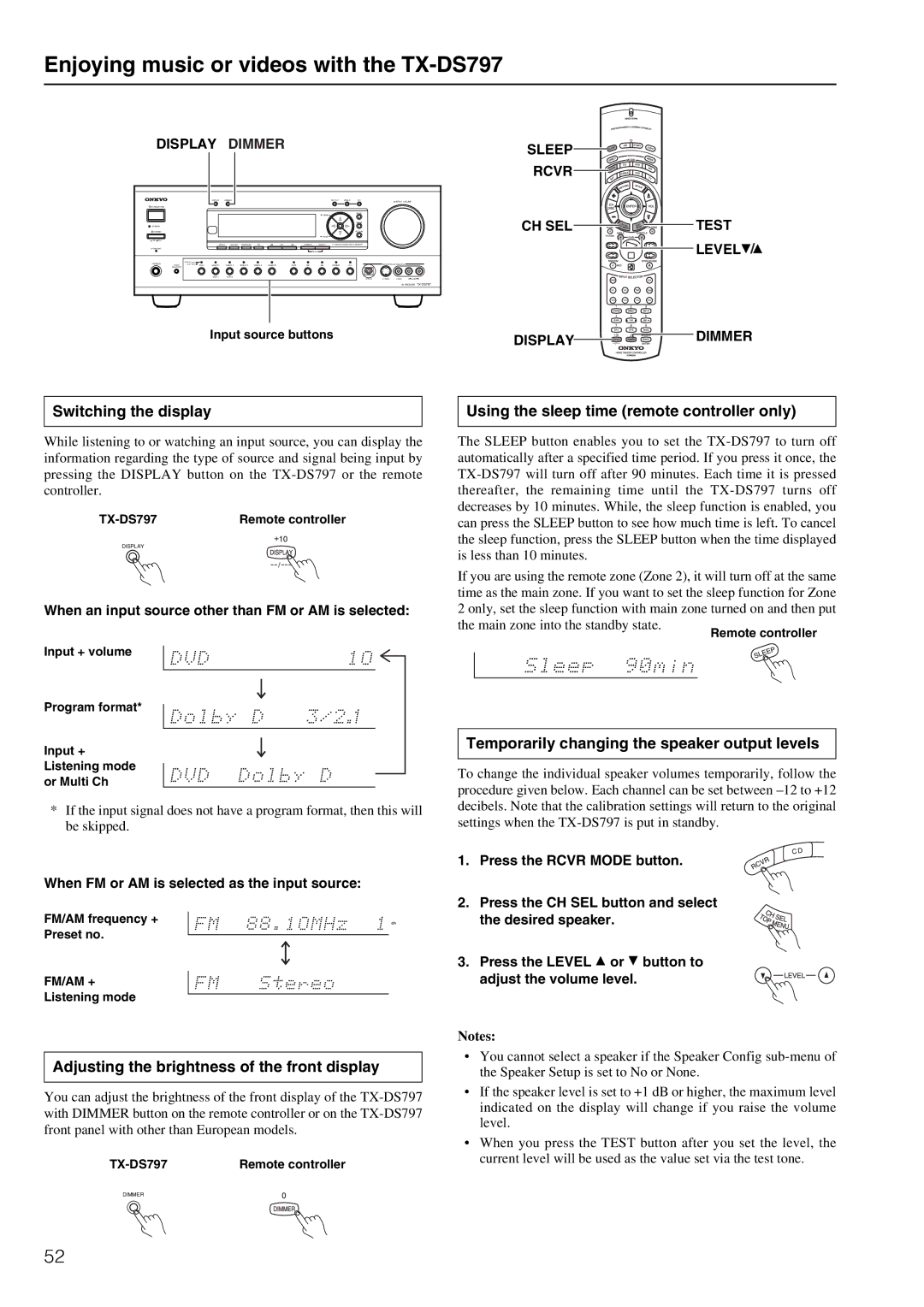 Onkyo TX-DS797 instruction manual Switching the display, Adjusting the brightness of the front display 