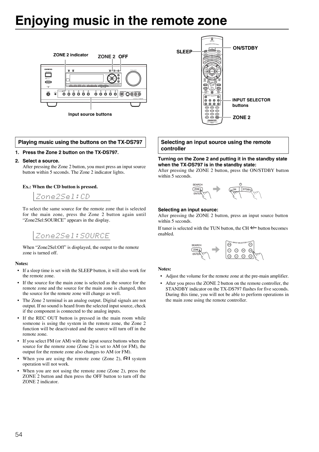 Onkyo instruction manual Enjoying music in the remote zone, Playing music using the buttons on the TX-DS797, Zone 2 OFF 