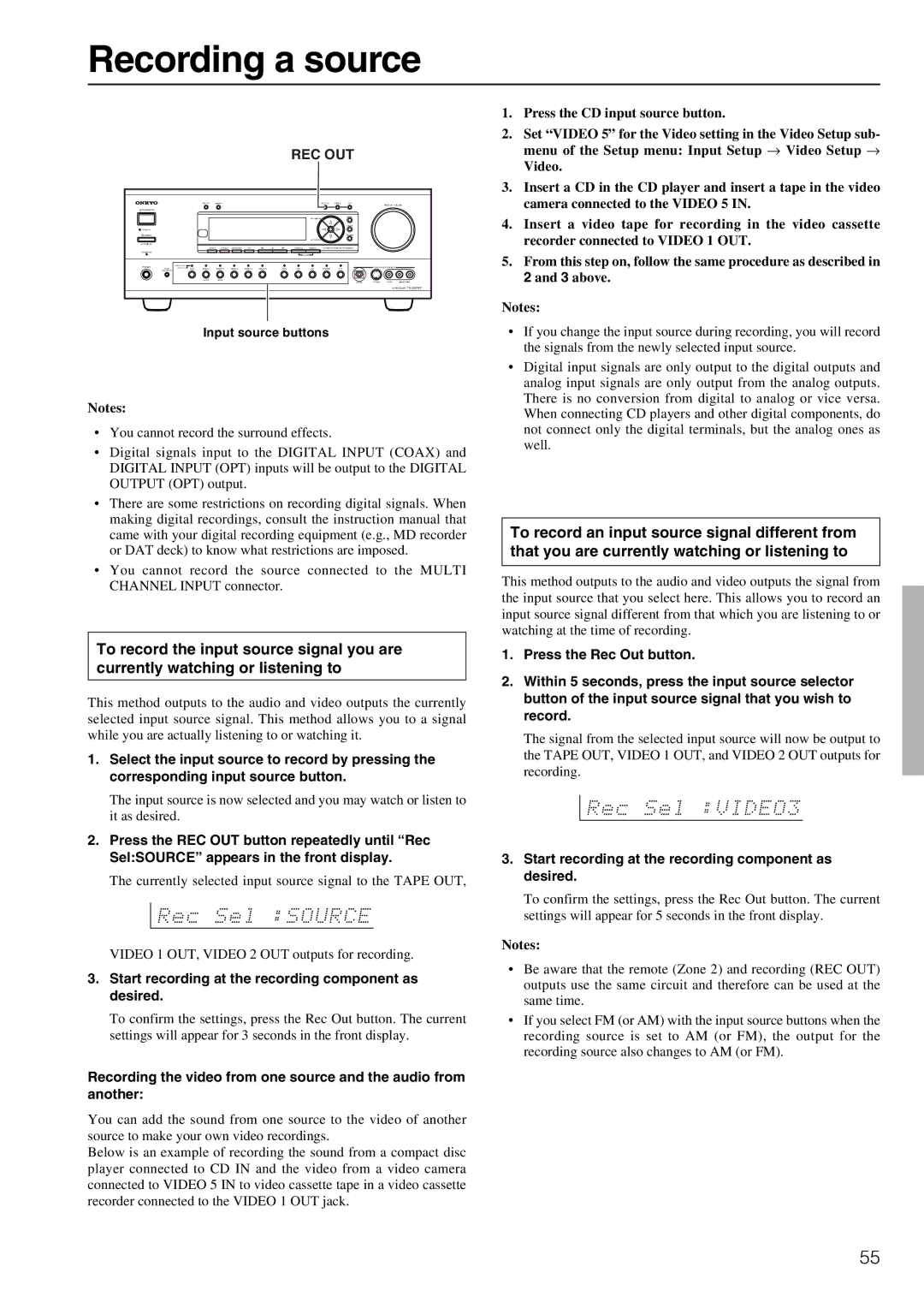 Onkyo TX-DS797 instruction manual Recording a source, Rec Out, Start recording at the recording component as desired 