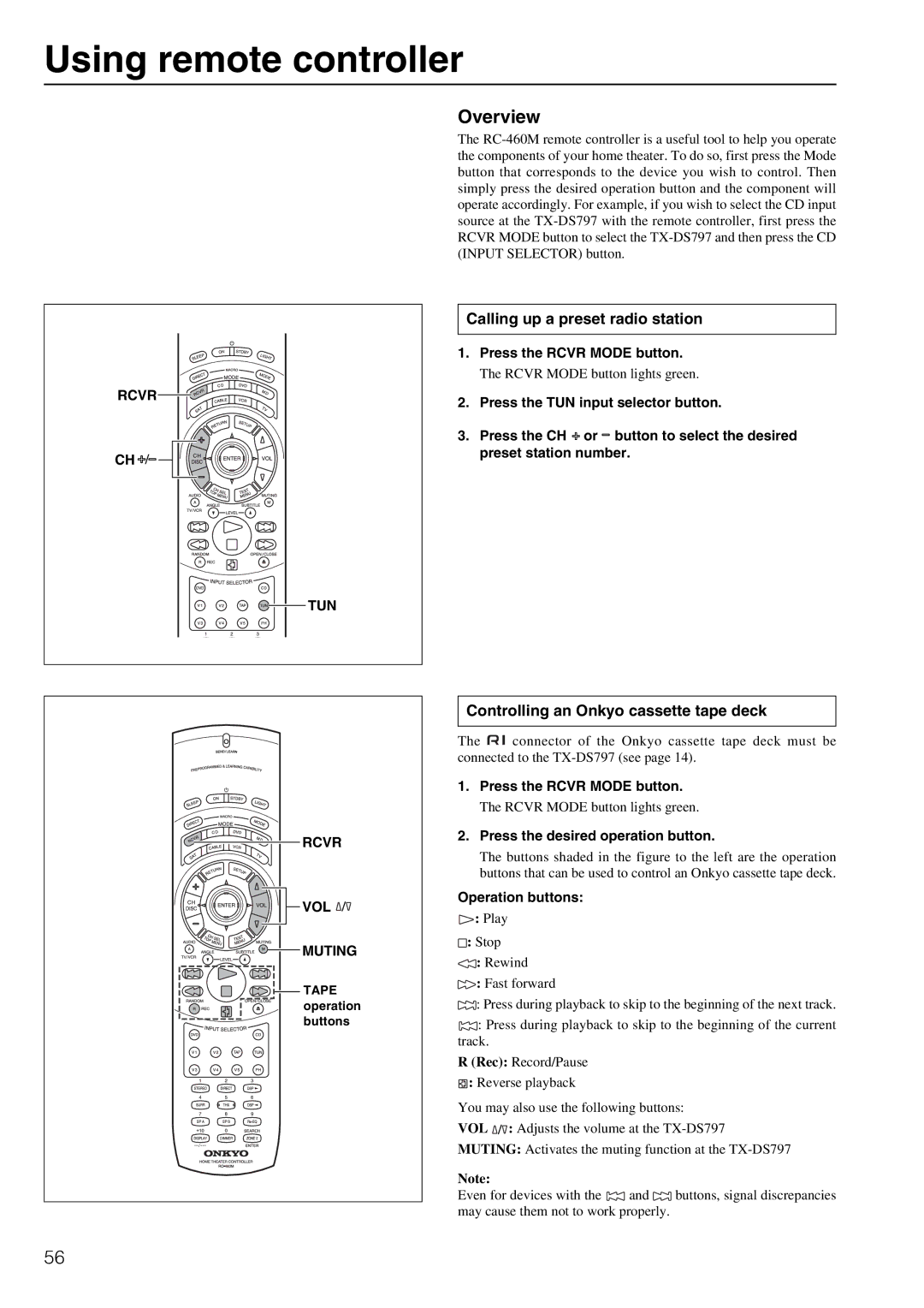 Onkyo TX-DS797 instruction manual Using remote controller, Overview, Calling up a preset radio station, Rcvr TUN 