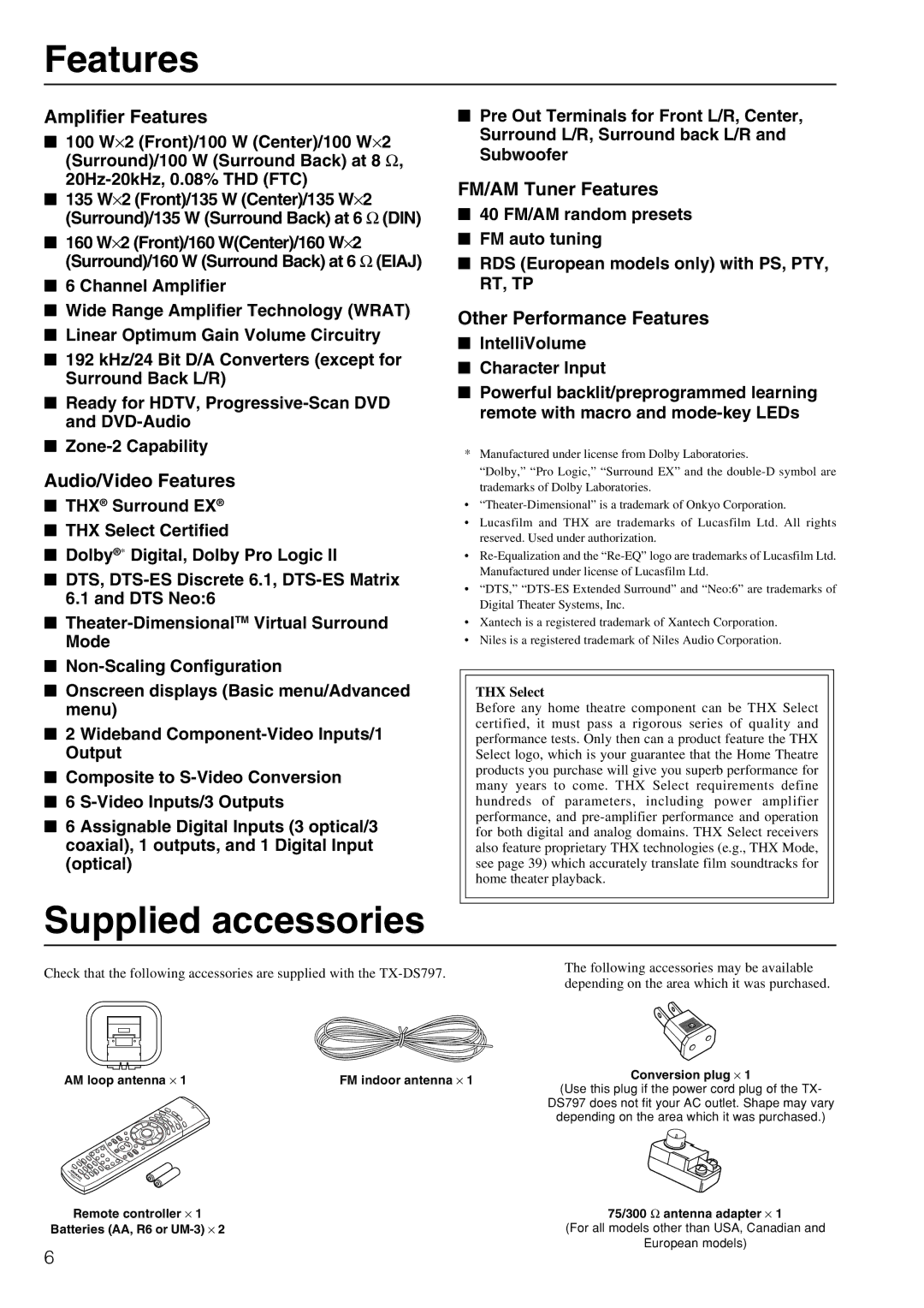 Onkyo TX-DS797 instruction manual Features, Supplied accessories 