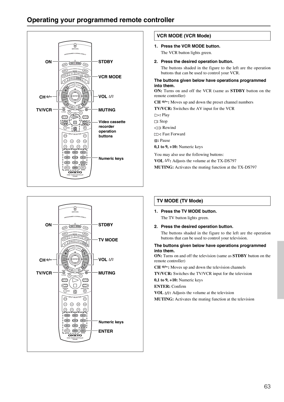 Onkyo TX-DS797 instruction manual Operating your programmed remote controller, VCR Mode VCR Mode, TV Mode TV Mode 