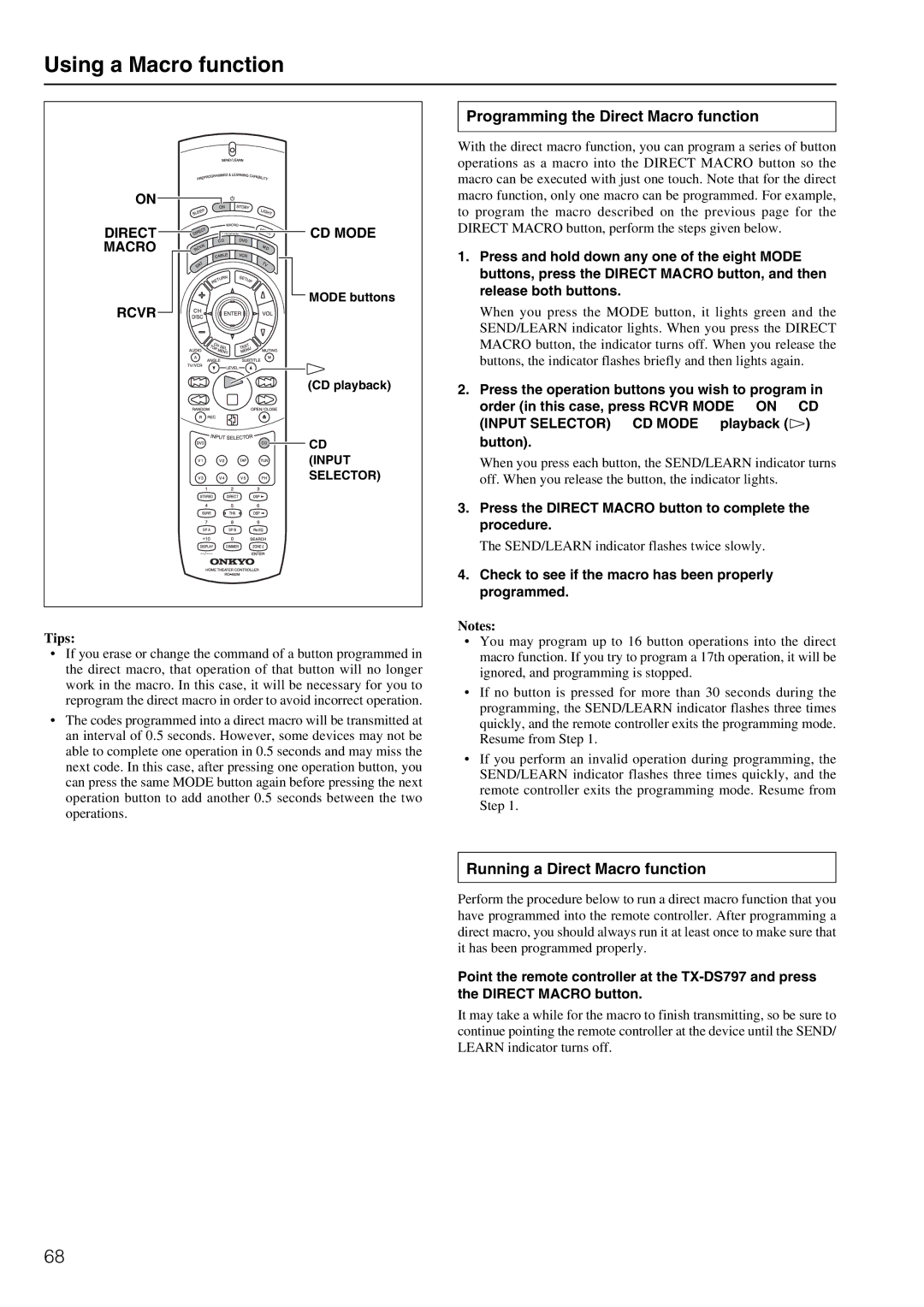 Onkyo TX-DS797 Using a Macro function, Programming the Direct Macro function, Running a Direct Macro function 