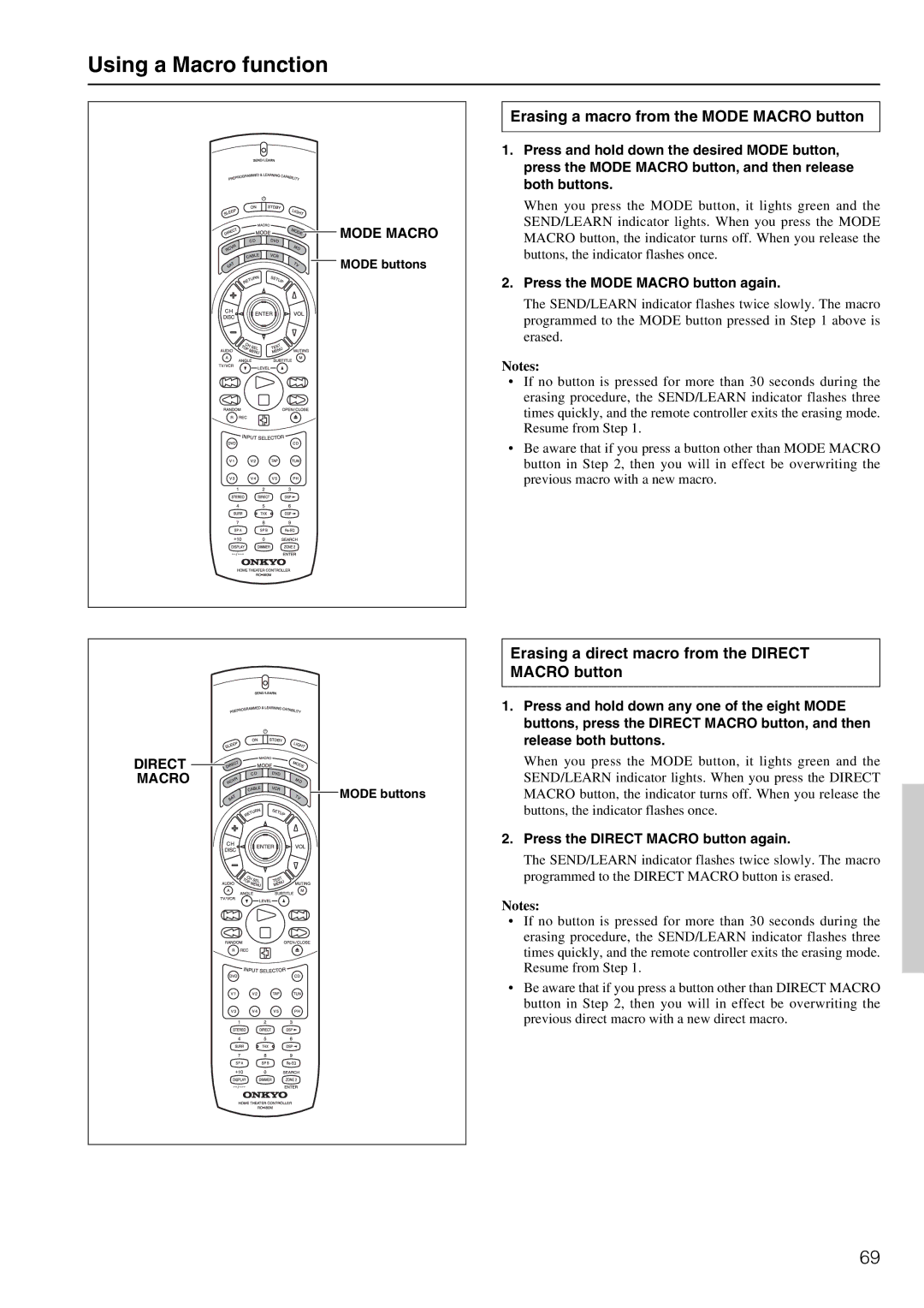 Onkyo TX-DS797 Erasing a macro from the Mode Macro button, Erasing a direct macro from the Direct Macro button 
