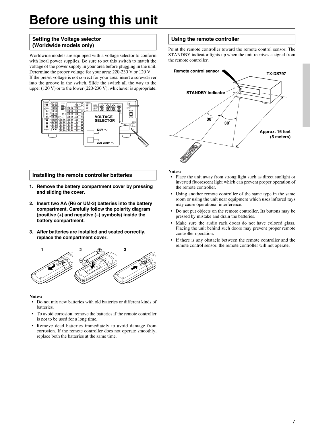 Onkyo TX-DS797 Before using this unit, Setting the Voltage selector Worldwide models only, Using the remote controller 